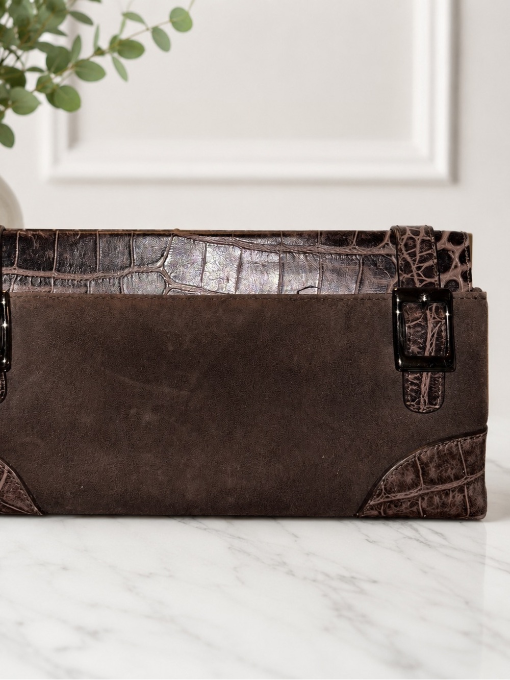 Via Spiga Dark Brown Suede & Croc-Embossed Leather Briefcase
